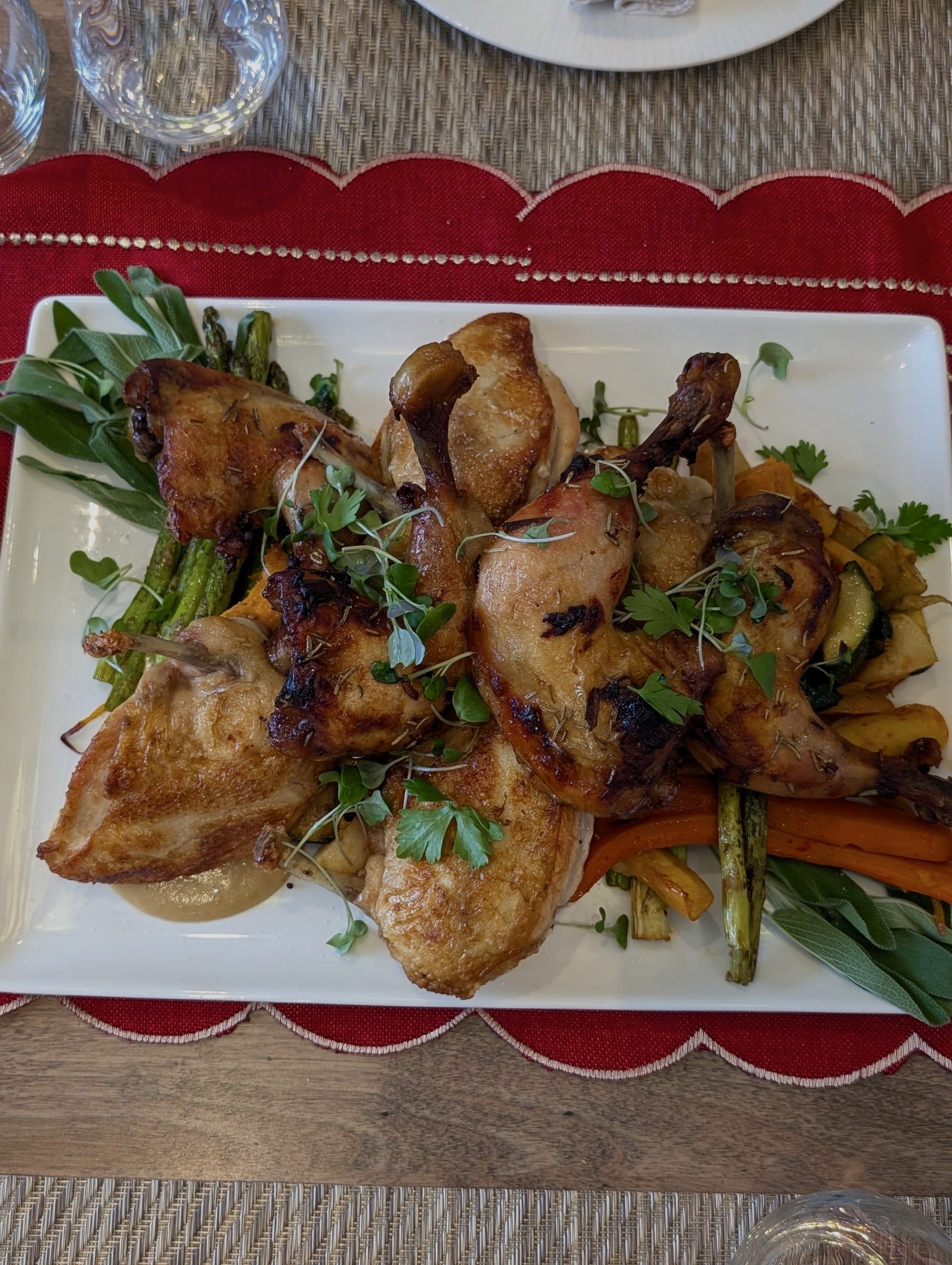Roasted quail with asparagus and roasted vegetables